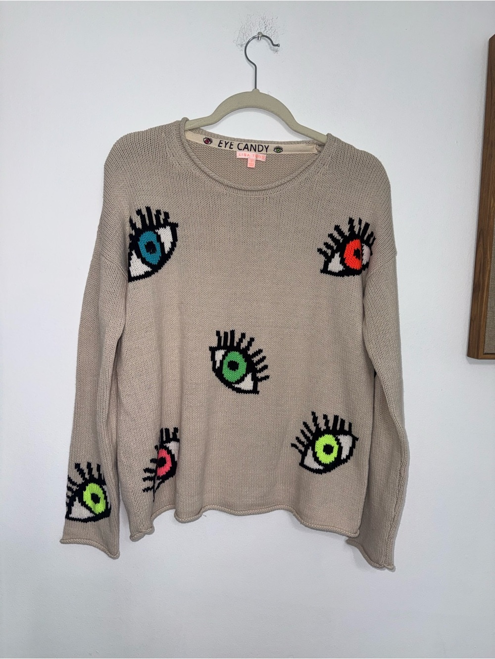 Lisa Todd Beige Crewneck Sweater with Multicolor Eye Motifs
